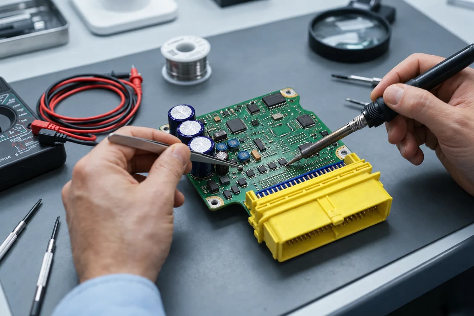 Technicien soudant la carte électronique d'un calculateur d'airbag démonté