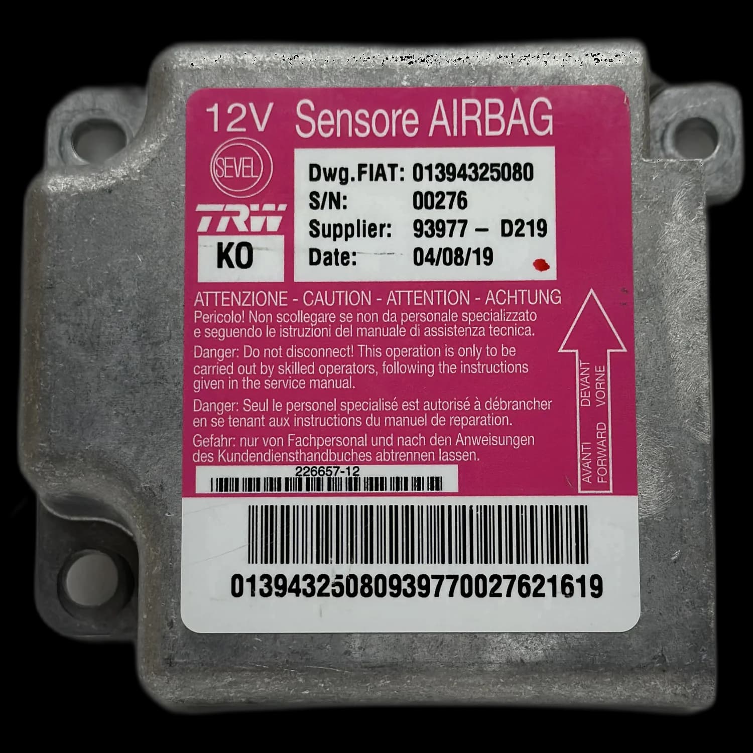 Calculateur airbag 01394325080, Étiquette