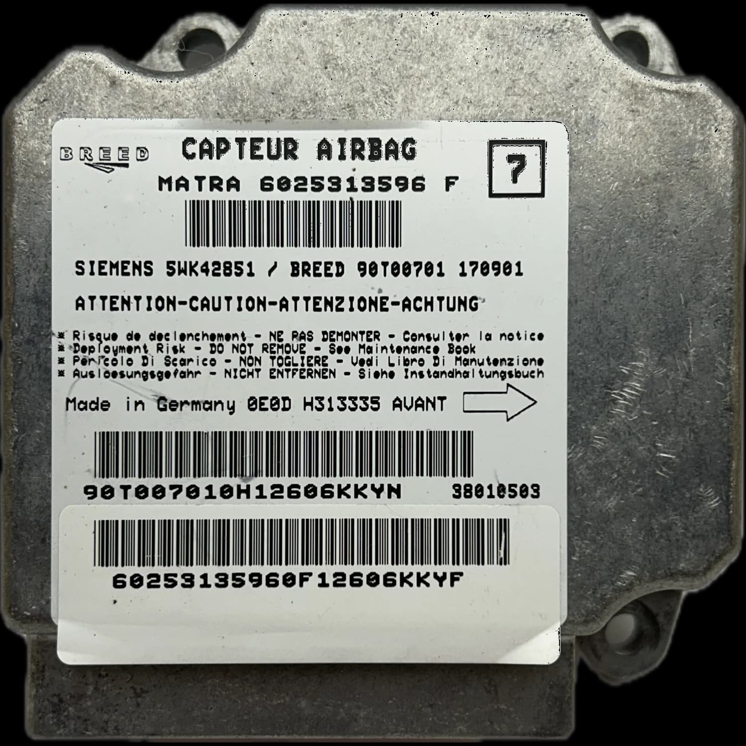 Calculateur airbag 6025313596F, Étiquette