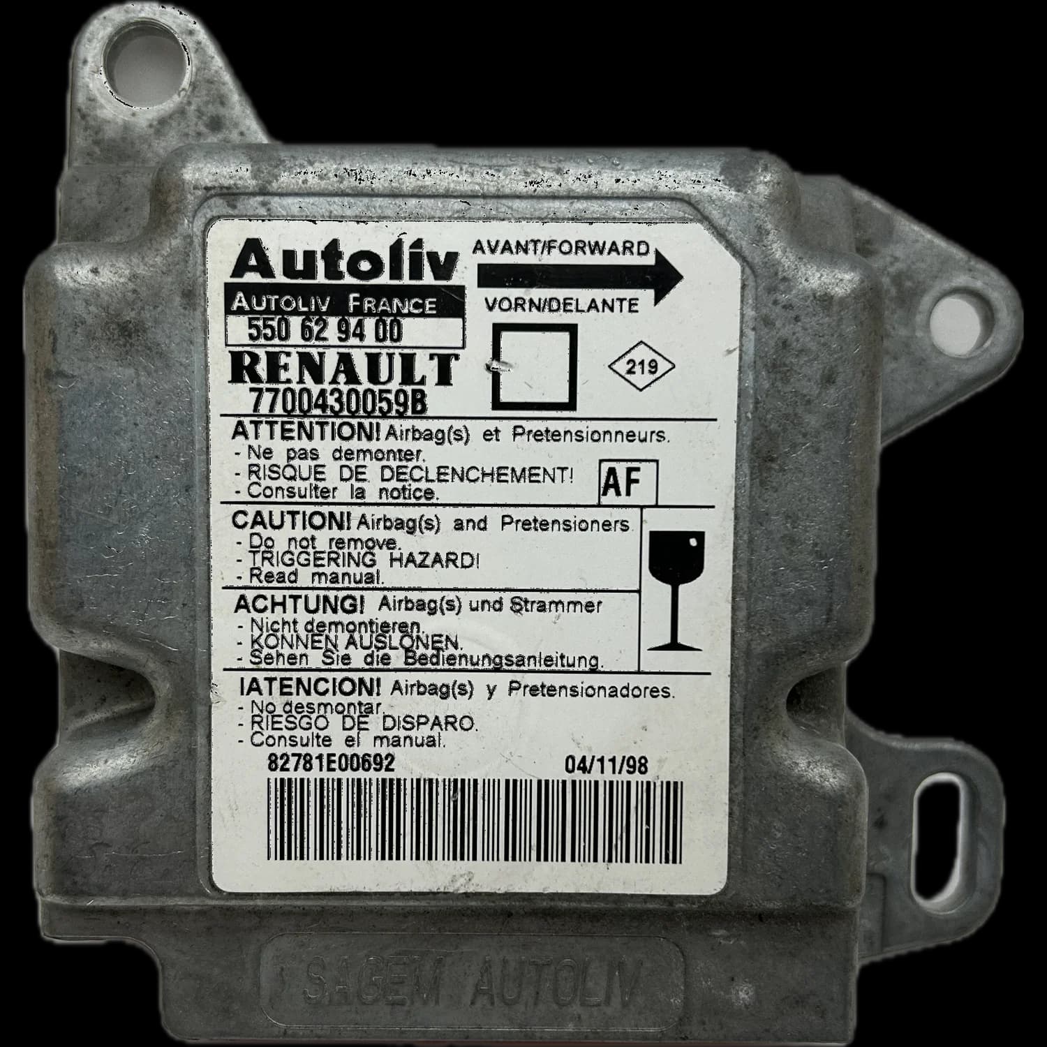 Calculateur airbag 8200018833, Étiquette